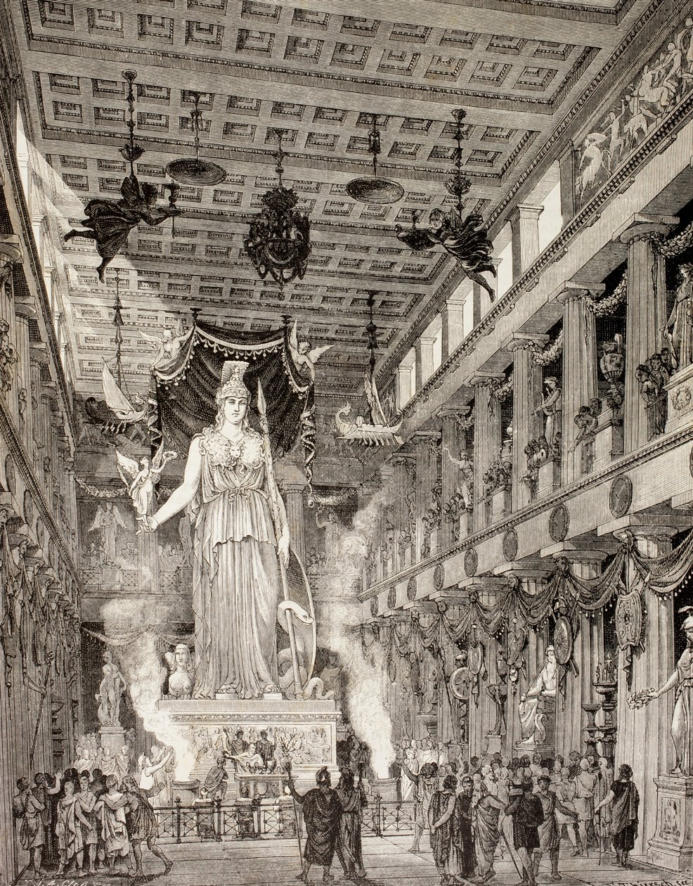 Impressione artistica della statua della dea Atena nel Partenone, Atene, durante il periodo classico, da 