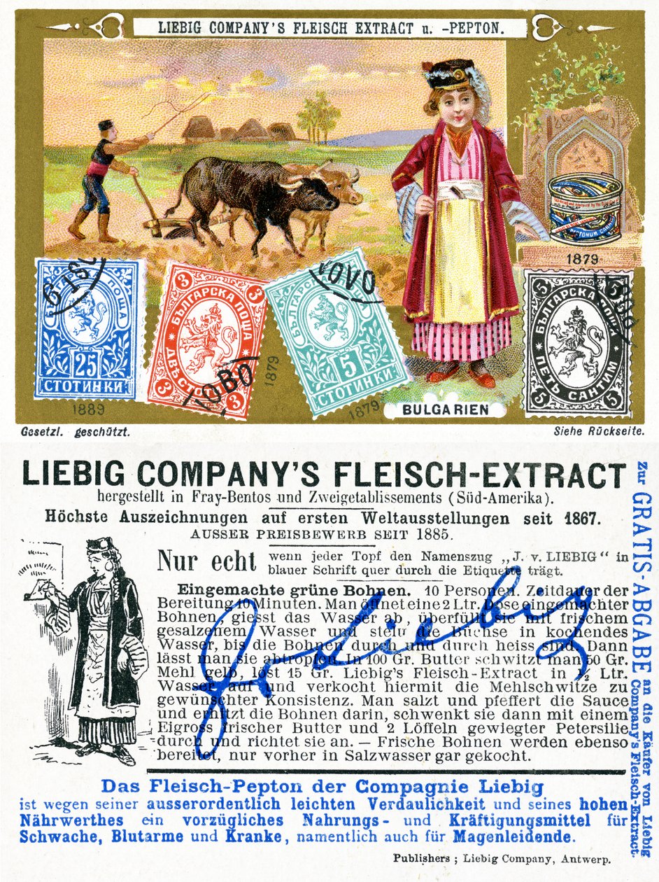 Francobolli bulgari, fronte e retro di una carta promozionale Liebig, 1897 da European School