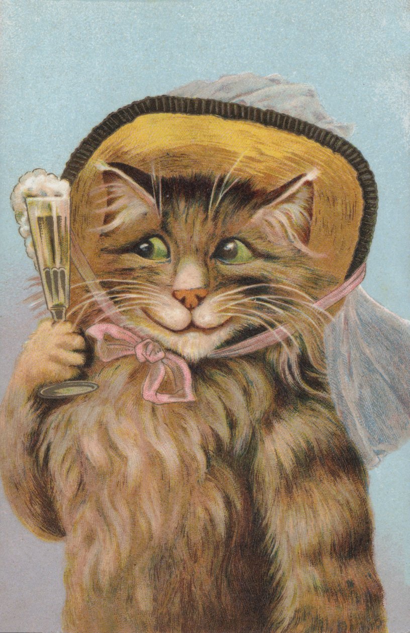 Gatto con cappello e bicchiere di champagne in mano (cromolito) da European School