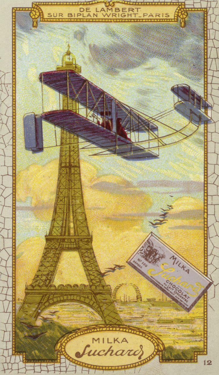 Charles de Lambert in un biplano Wright, Parigi (cromolitografia) da European School