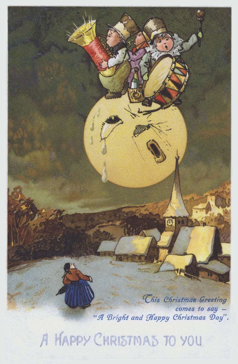 Biglietto di auguri natalizi raffigurante un gruppo di musicisti sulla luna sopra una città innevata. (chromolitho) da European School