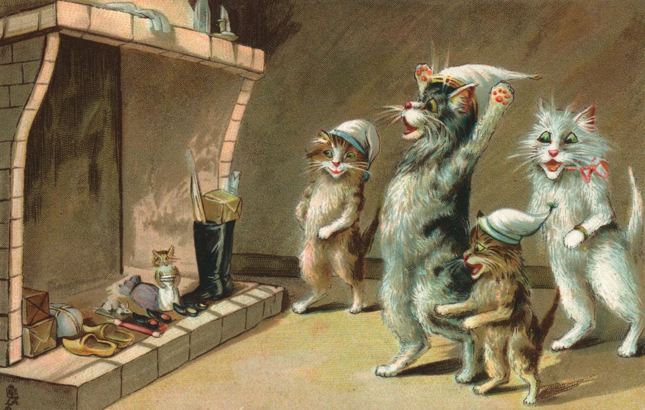 Gatti a fumetti in attesa dei loro regali di Natale (litografia a colori) da European School