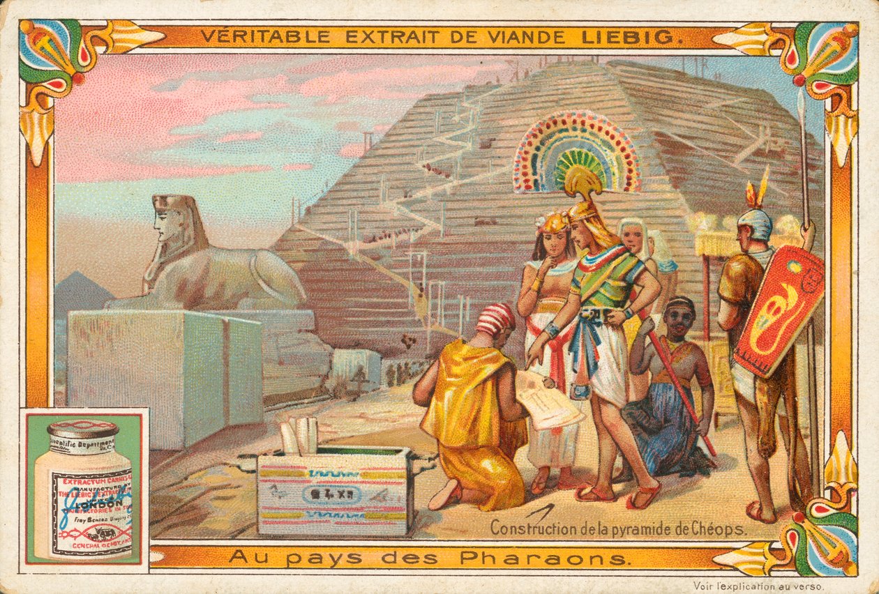 Costruzione della piramide di Cheope, carta Liebig, inizio XX secolo (cromo) da European School