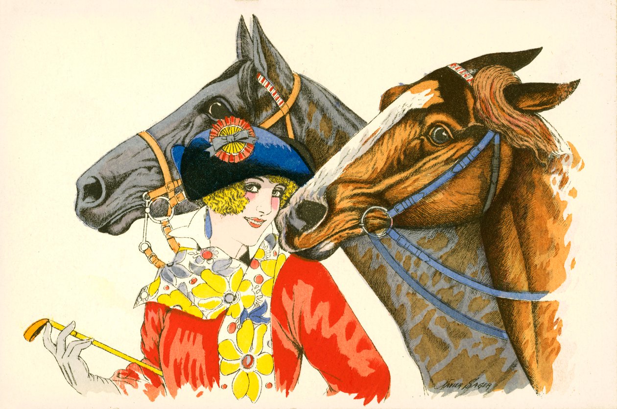 Donna civettuola e colorata che indossa un berretto con una coccarda, con due cavalli (litografia a colori) da European School