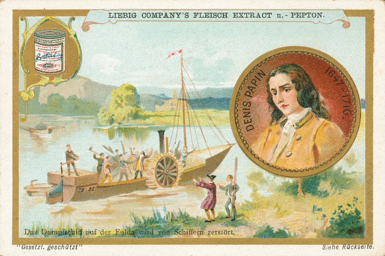 Denis Papin, carta Liebig, inizio XX secolo (cromo) da European School