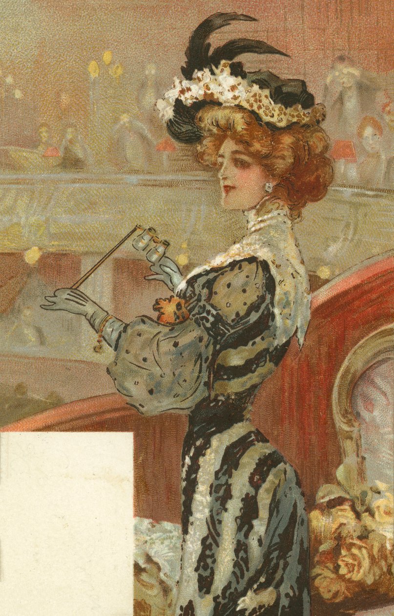 Donna elegante a teatro (litografia a colori) da European School