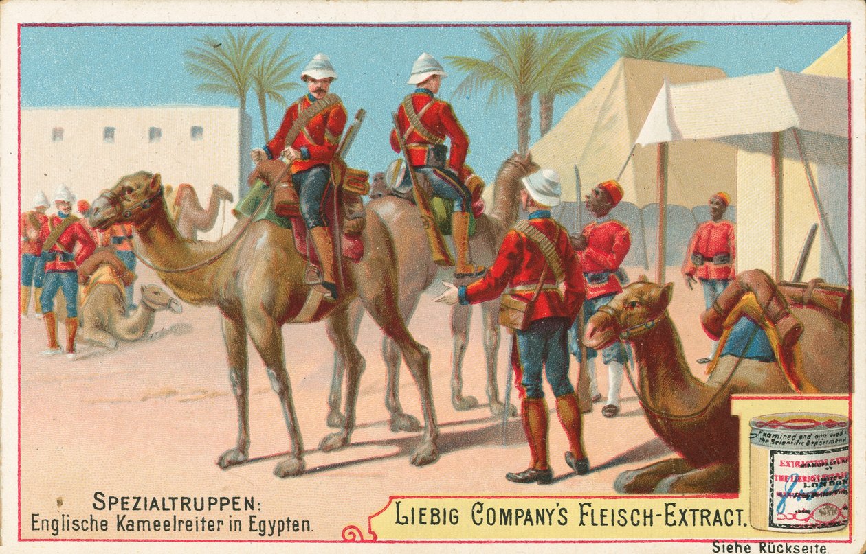 Soldati inglesi su cammelli, carta Liebig, inizio XX secolo (cromo) da European School