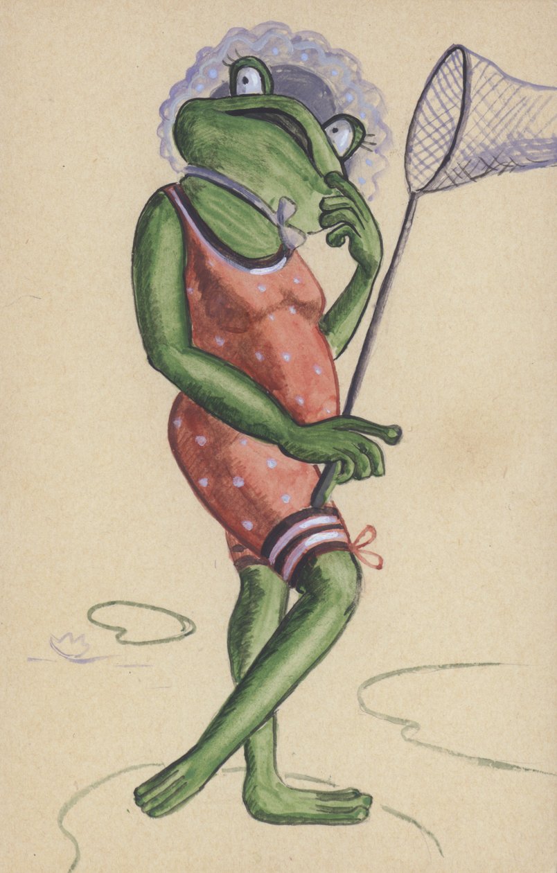 Rana in costume da bagno con rete da pesca in mano (litografia a colori) da European School