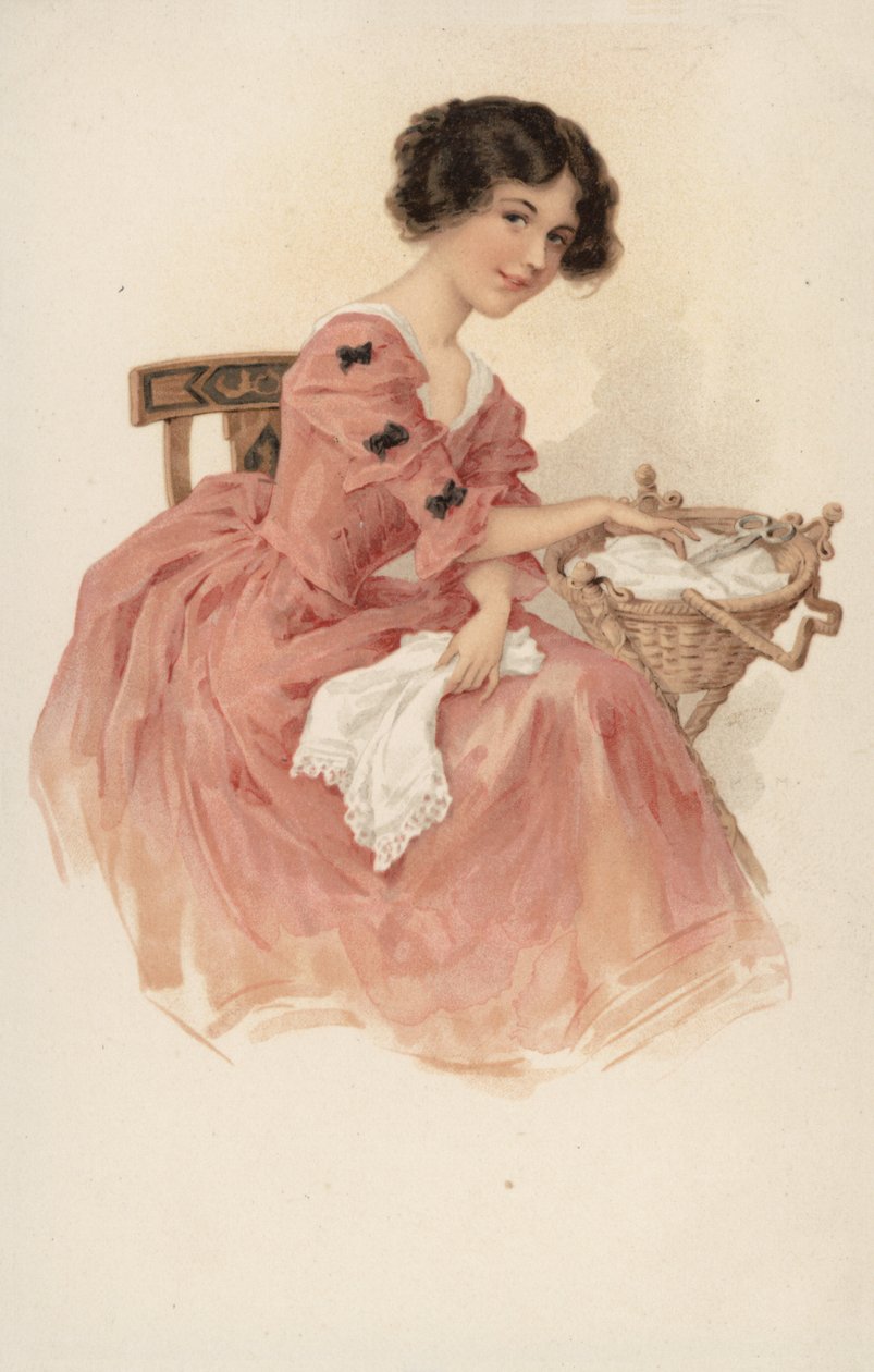 Ragazza in rosa con cestino da cucito (litografia a colori) da European School