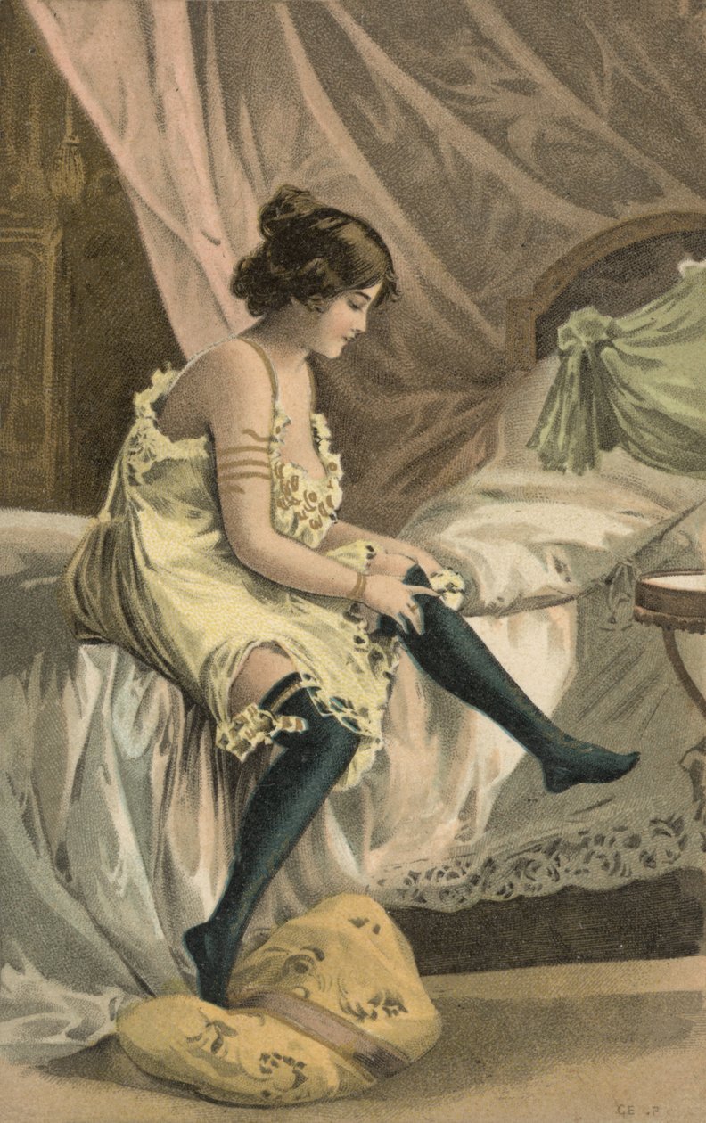 Ragazza che indossa le calze (litografia a colori) da European School