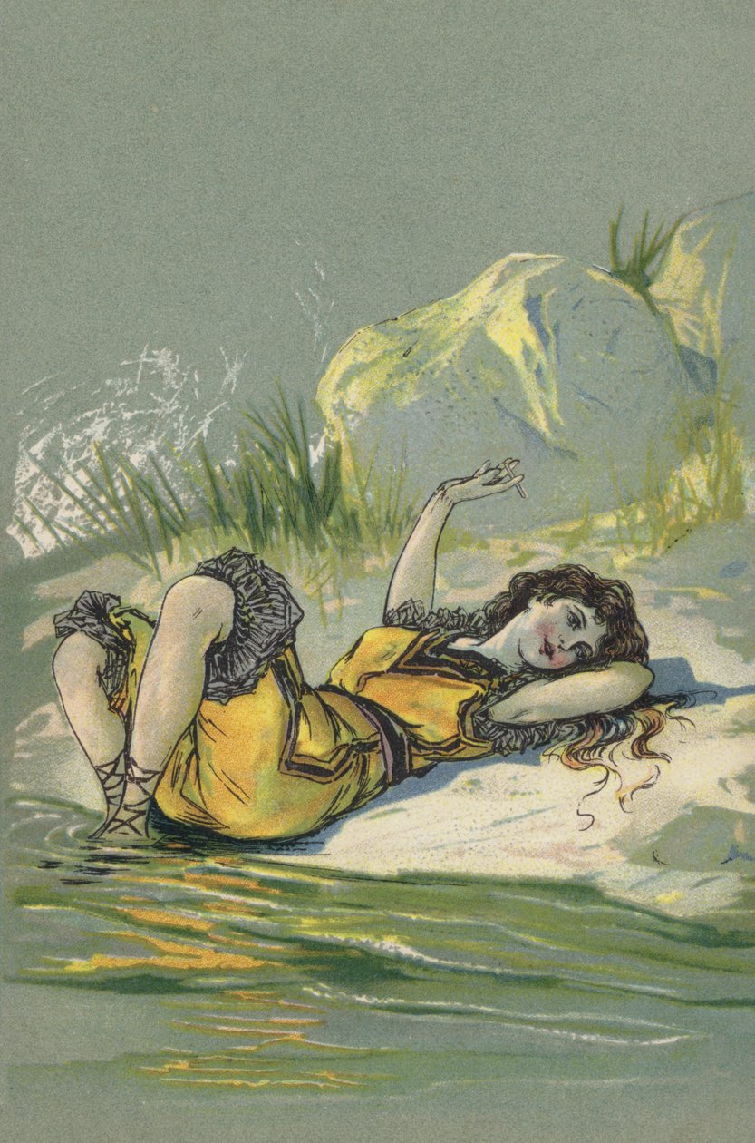 Ragazza sdraiata sulla spiaggia o sulla riva di un fiume (litografia a colori) da European School