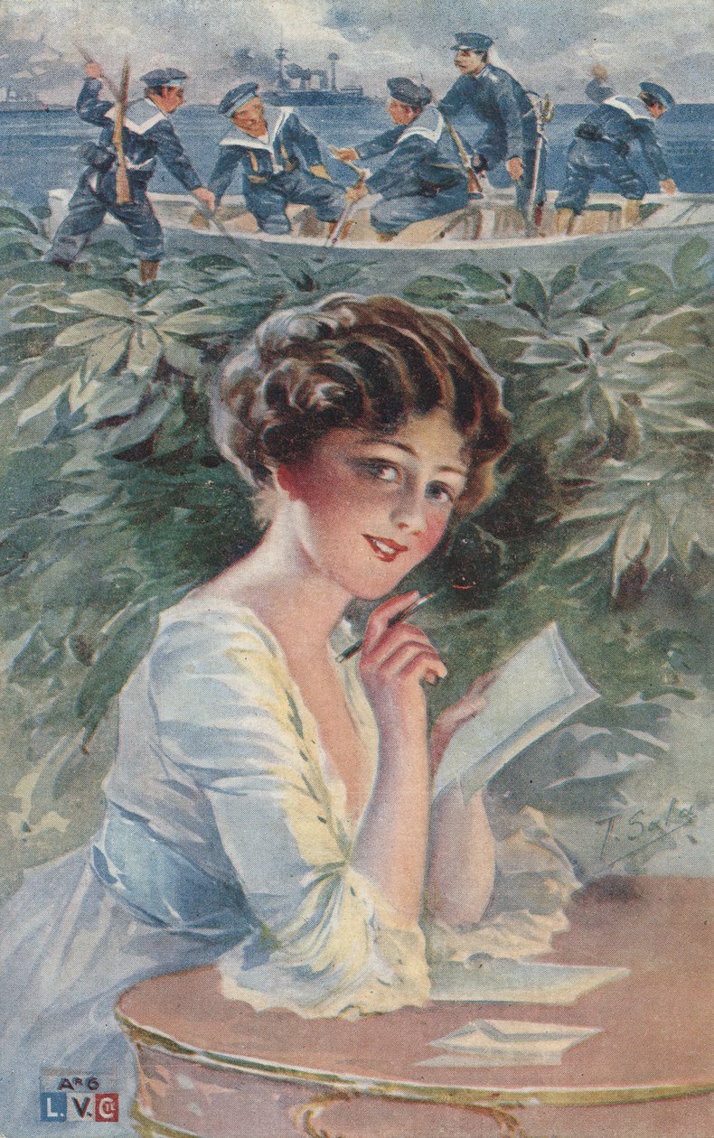 Ragazza che scrive a un marinaio (litografia a colori) da European School