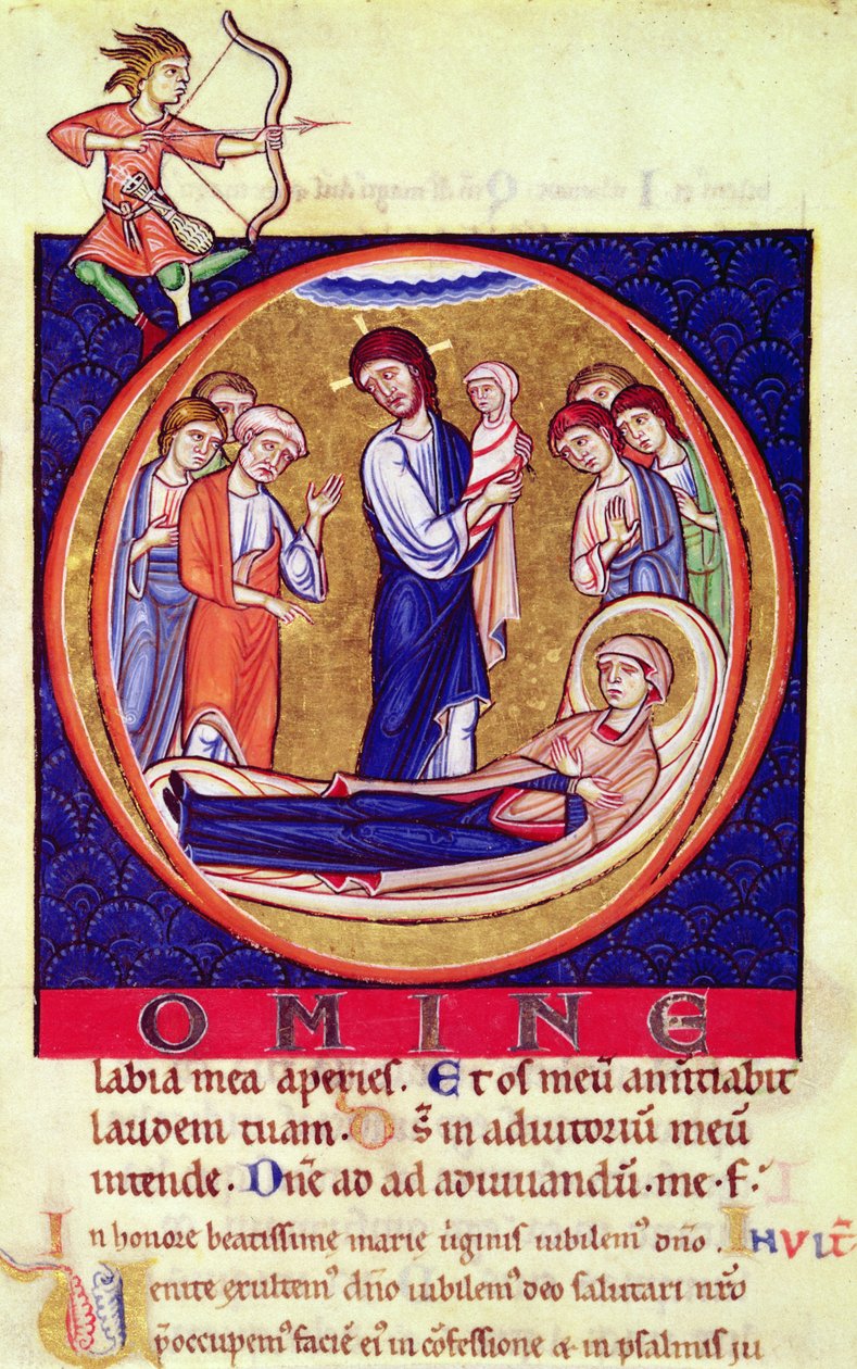 Iniziale istoriata raffigurante la morte della Vergine, da un manoscritto sconosciuto, XII-XIII secolo da European School