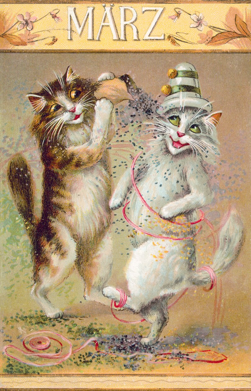 Cartolina umoristica con gatto (litografia a colori) da European School