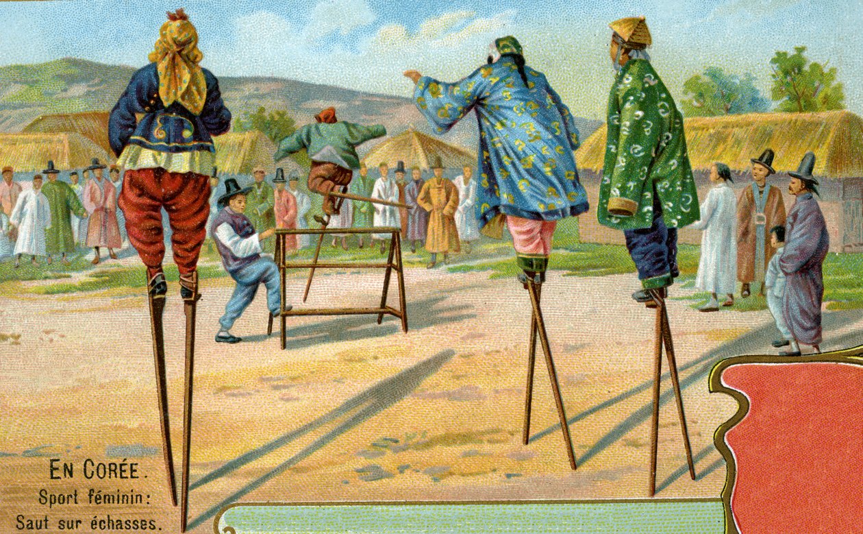 Donne coreane sui trampoli che giocano a saltare gli ostacoli, 1904 da European School