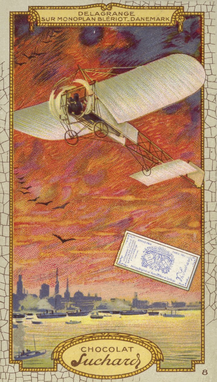 Leon Delagrange in un monoplano Bleriot, Danimarca (cromolitografia) da European School