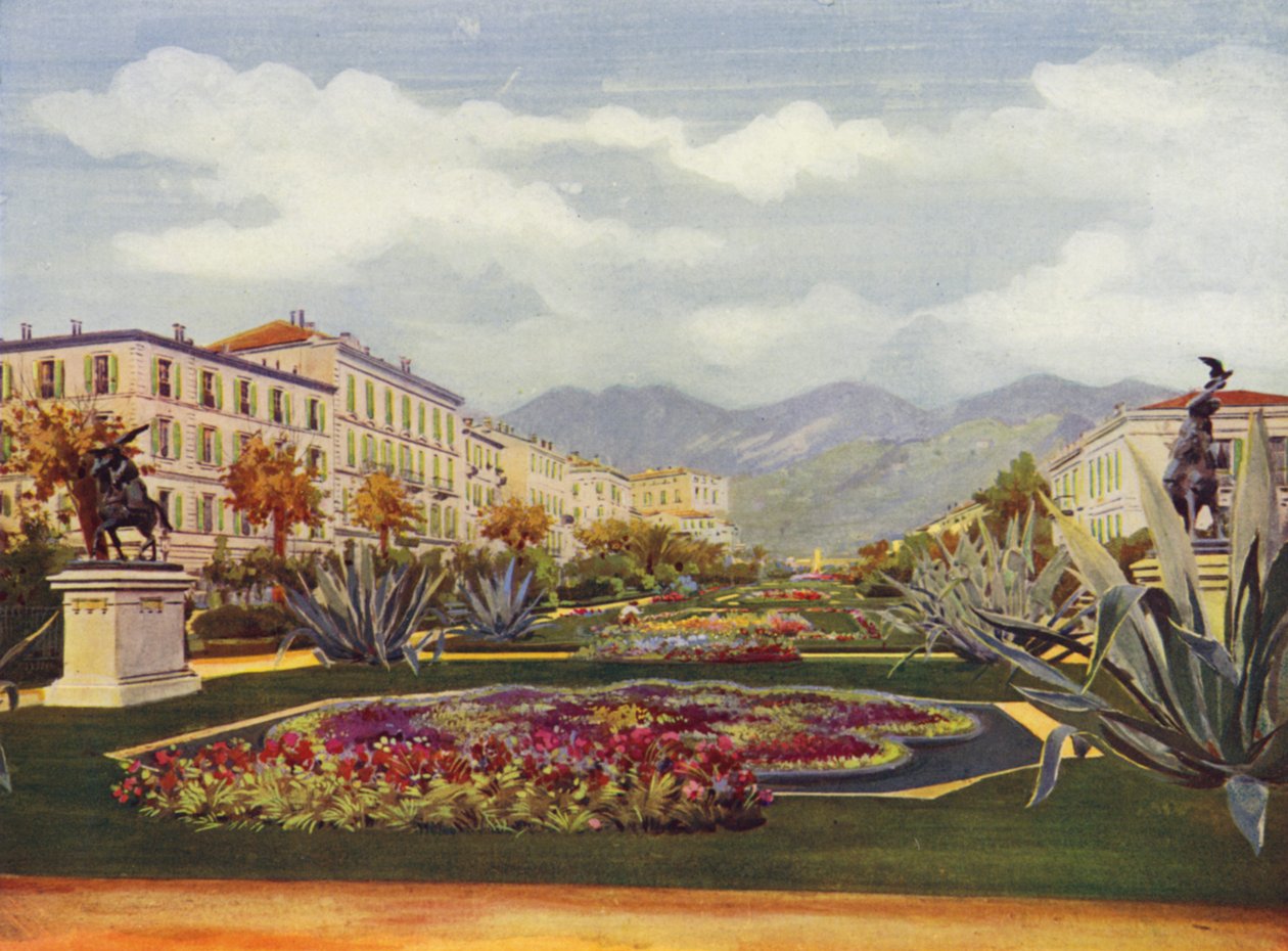 Mentone, Le Jardin Public (litografia a colori) da European School