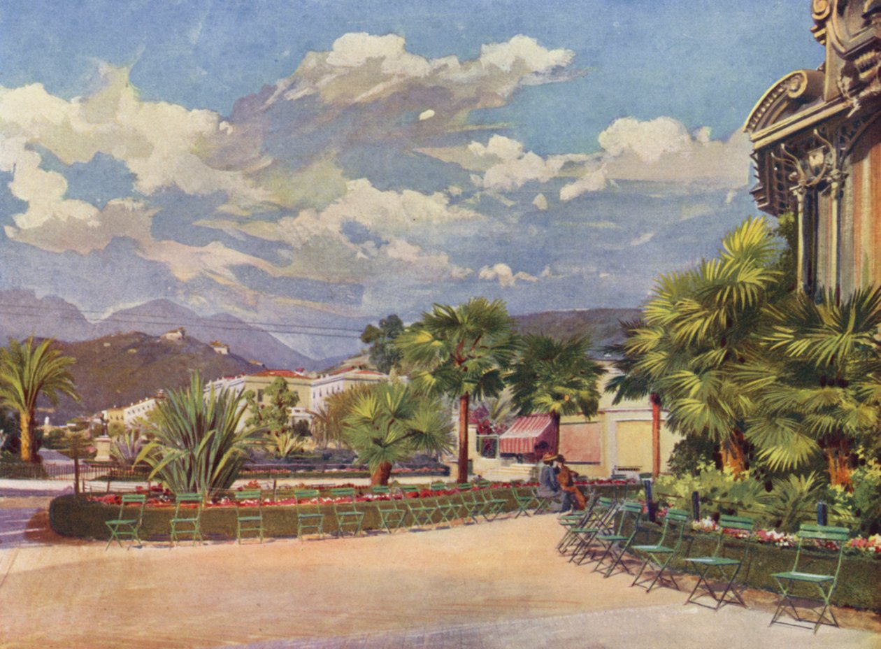 Mentone, Il chiosco della musica e il nuovo giardino (litografia a colori) da European School