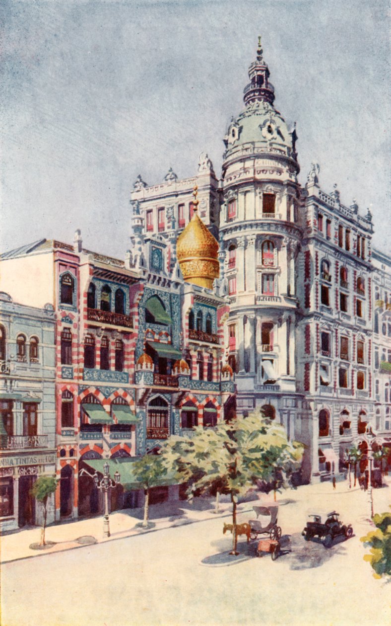 Edificio moresco e uffici dei signori Guinle, Avenida Rio Branco (litografia a colori) da European School
