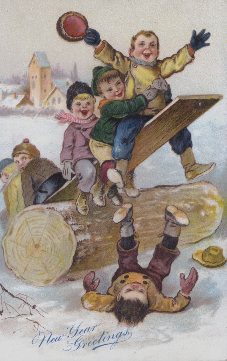 Biglietto di auguri per il nuovo anno raffigurante bambini che giocano nella neve (cromolitografia) da European School