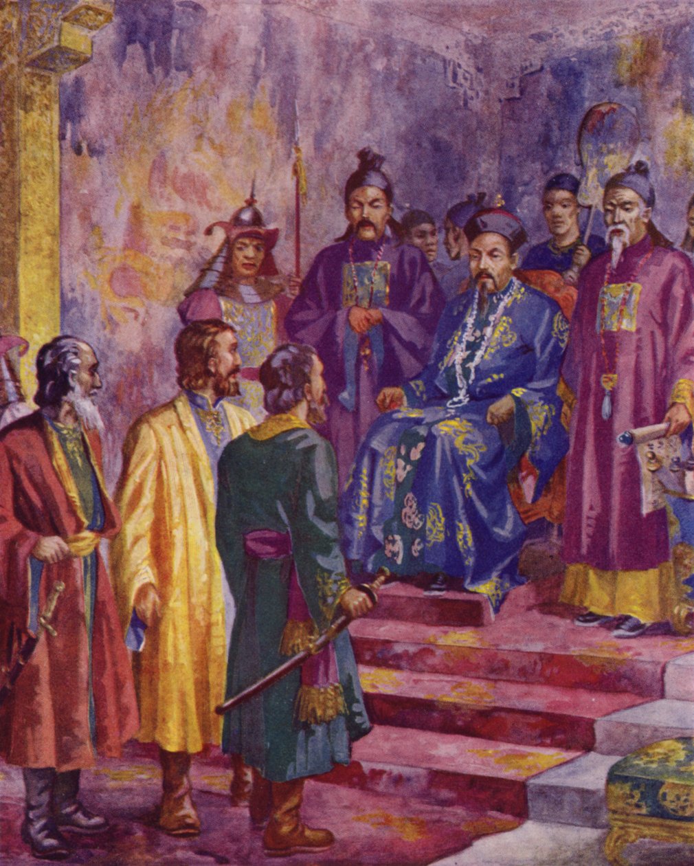 Niccolò, Maffaeo e Marco Polo incontrano Kublai Khan, XX secolo (litografia a colori) da European School