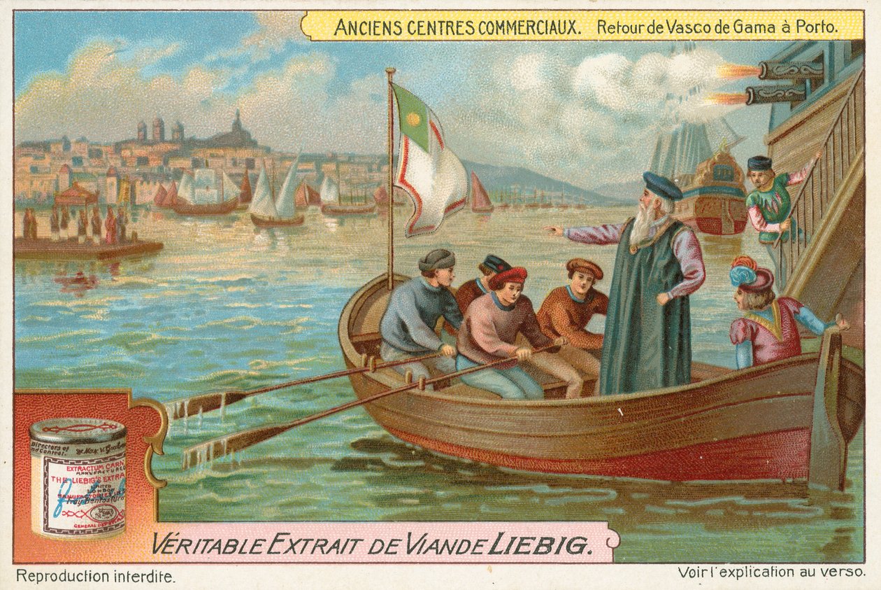Porto, ritorno di Vasco da Gama, cartolina Liebig, inizio XX secolo (cromo) da European School