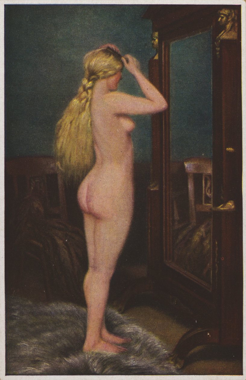 Ritratto di donna nuda con lunghi capelli biondi (litografia a colori) da European School