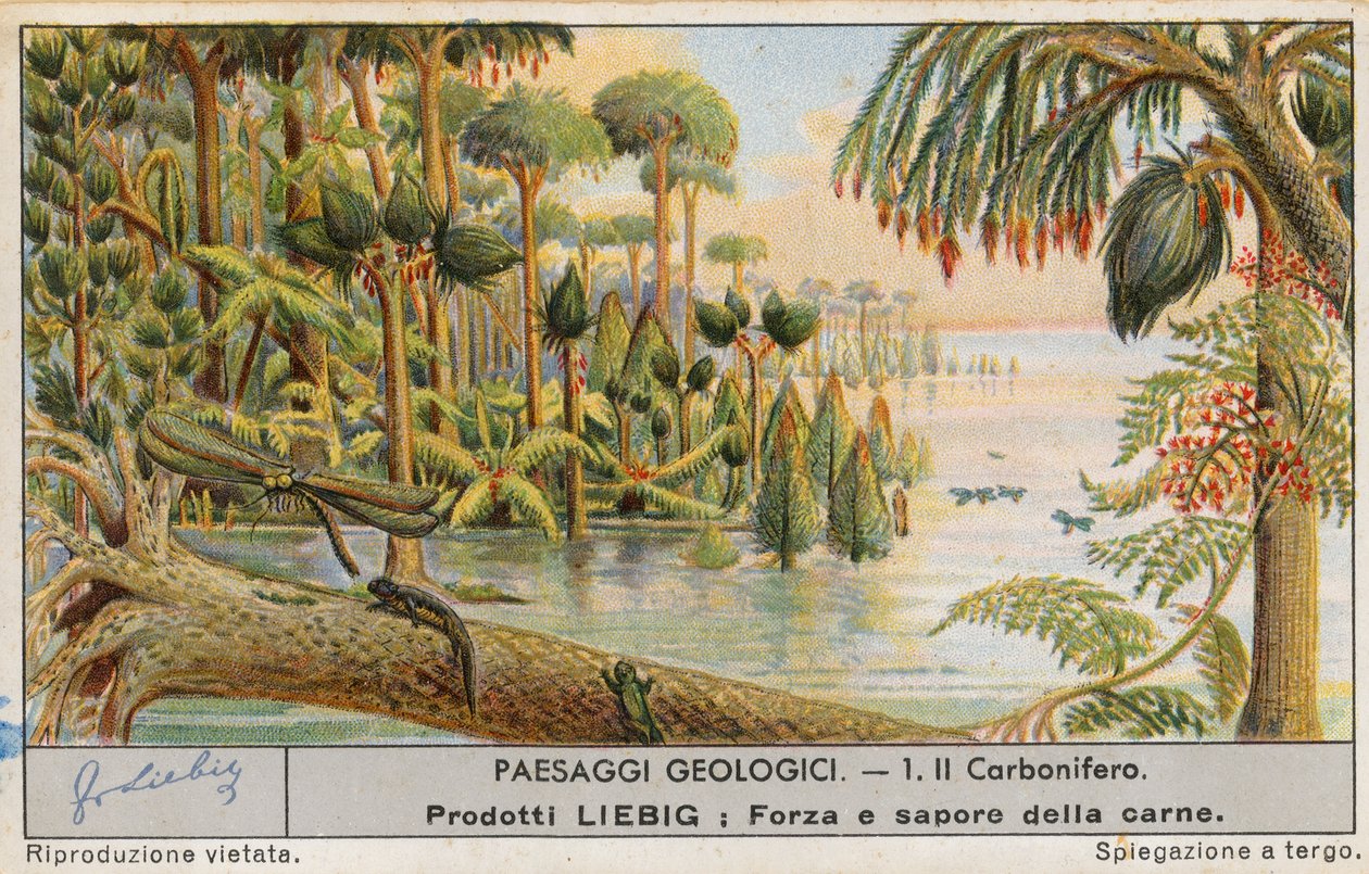 Mondo preistorico, carta Liebig, inizio XX secolo (cromo) da European School