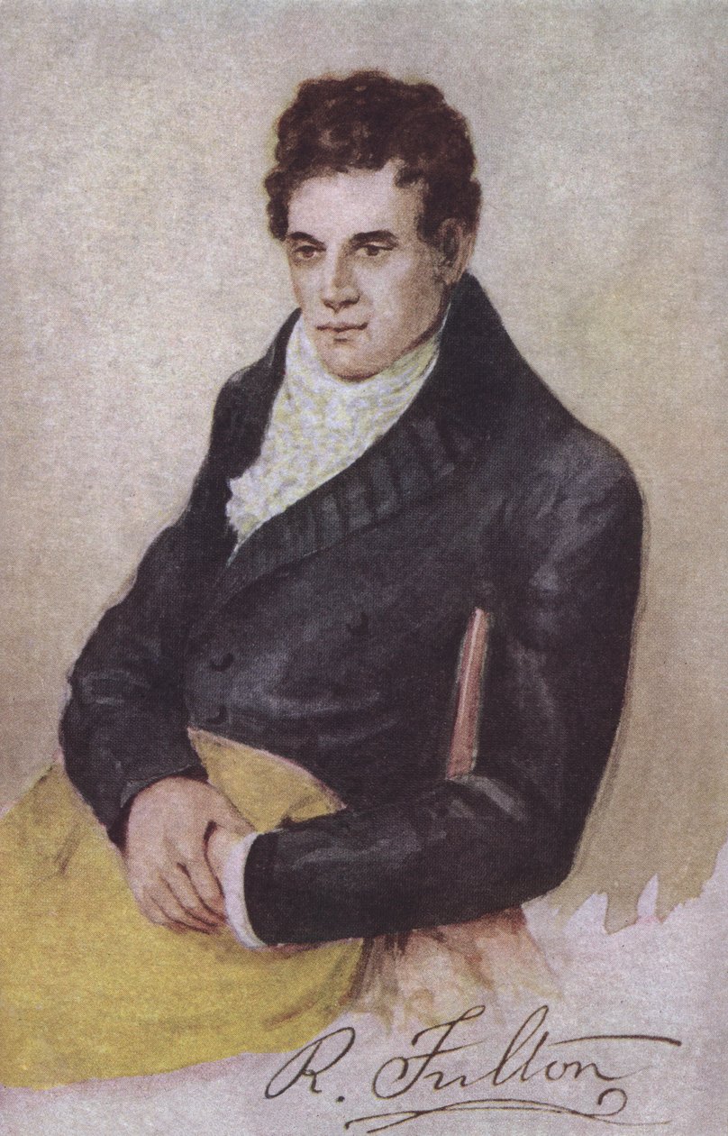 Robert Fulton, ingegnere americano, inventore e pioniere dei battelli a vapore (litografia a colori) da European School