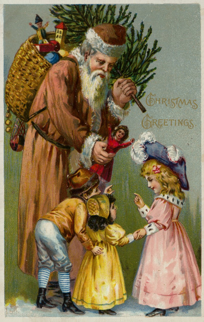 Babbo Natale che consegna regali e un albero di Natale ai bambini (litografia a colori) da European School