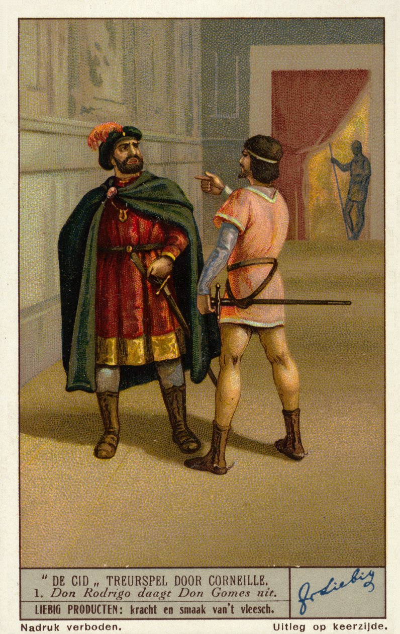 Scena tratta dalla tragedia Le Cid del drammaturgo francese Paul Corneille: Don Rodrigue sfida Don Gomes, padre di Chimene (cromolito) da European School