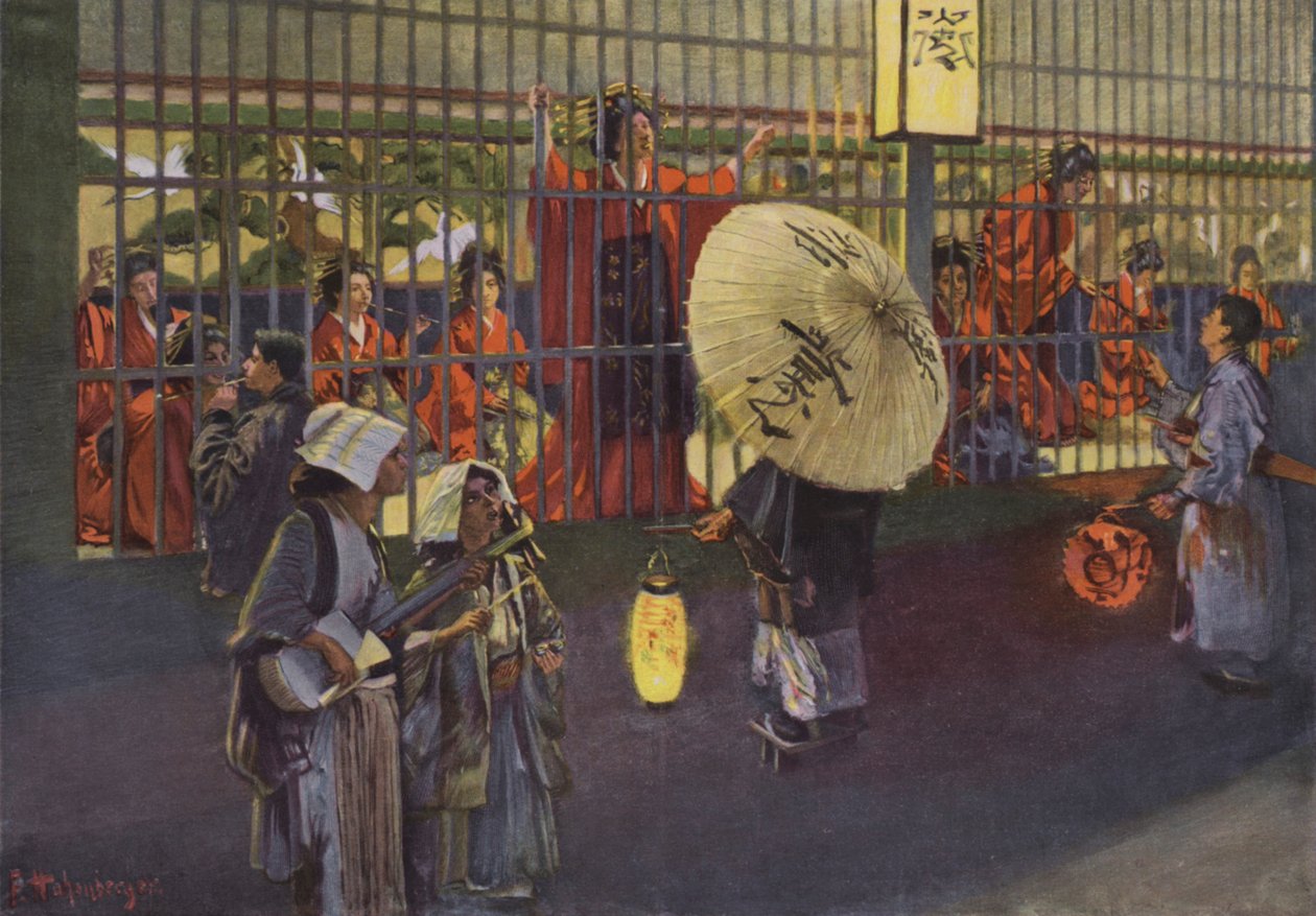 Scena nel quartiere Yoshiwara di Tokyo, Giappone (litografia a colori) da European School