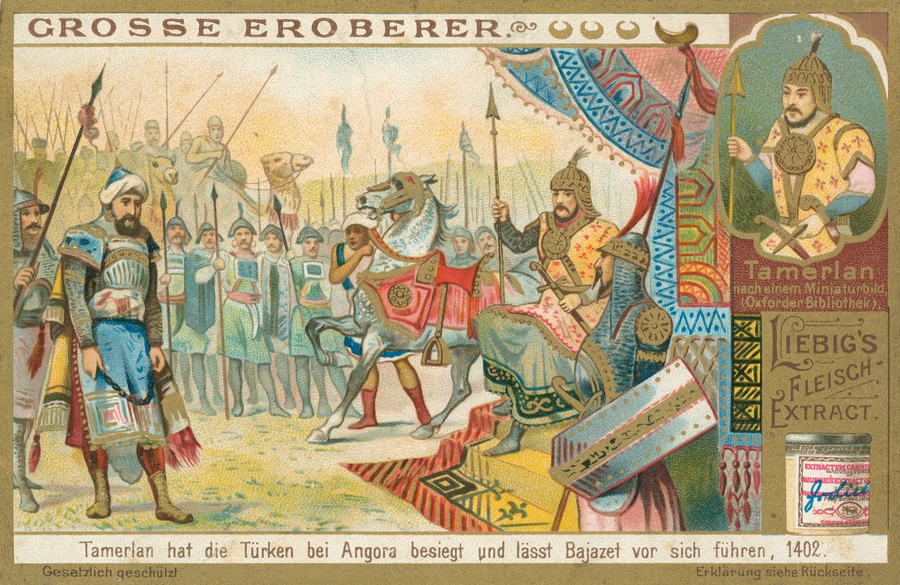 Tamburlaine conquista Bajazeth, carta Liebig, inizio XX secolo (cromo) da European School