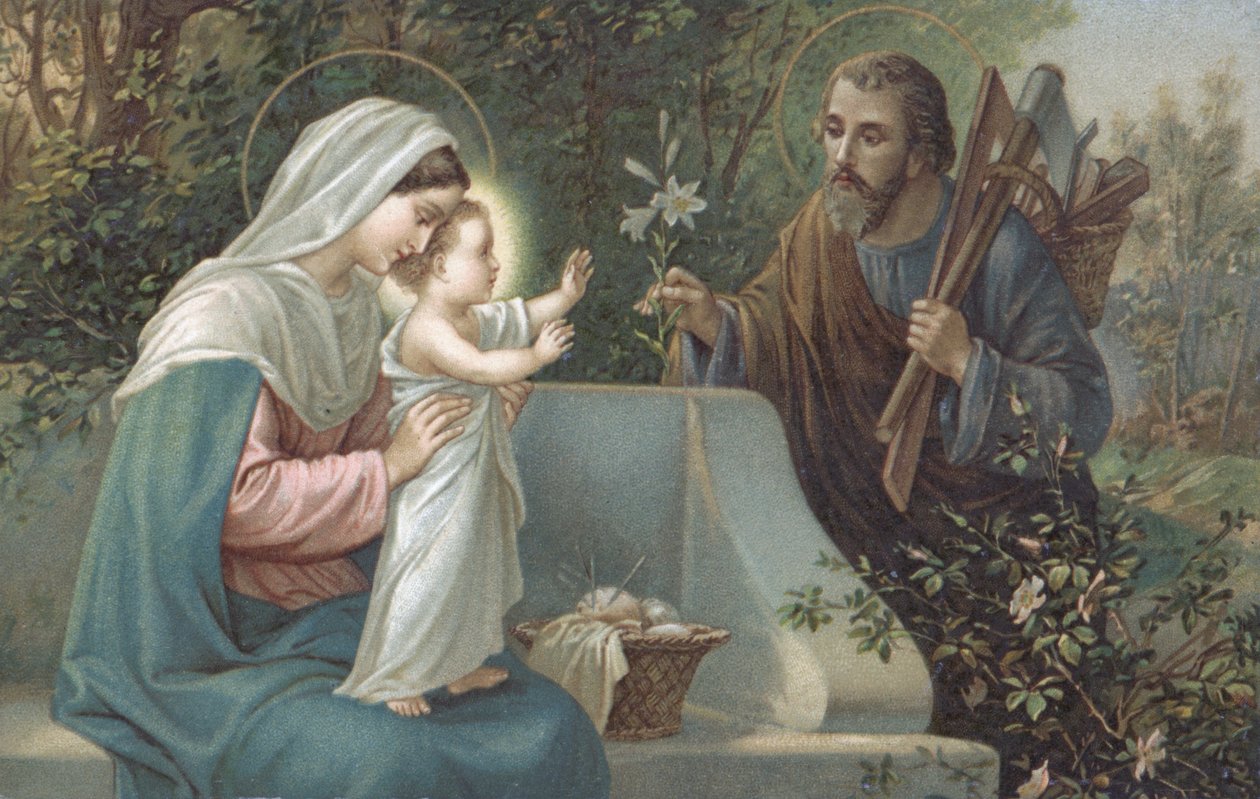 La Sacra Famiglia: Biglietto di Natale (cromolitografia) da European School
