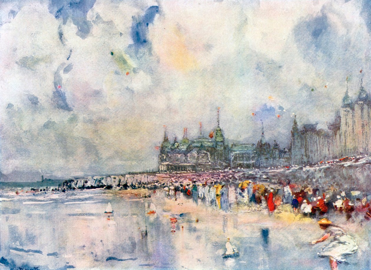 Il Kursaal e la Digue, Ostenda (litografia a colori) da European School