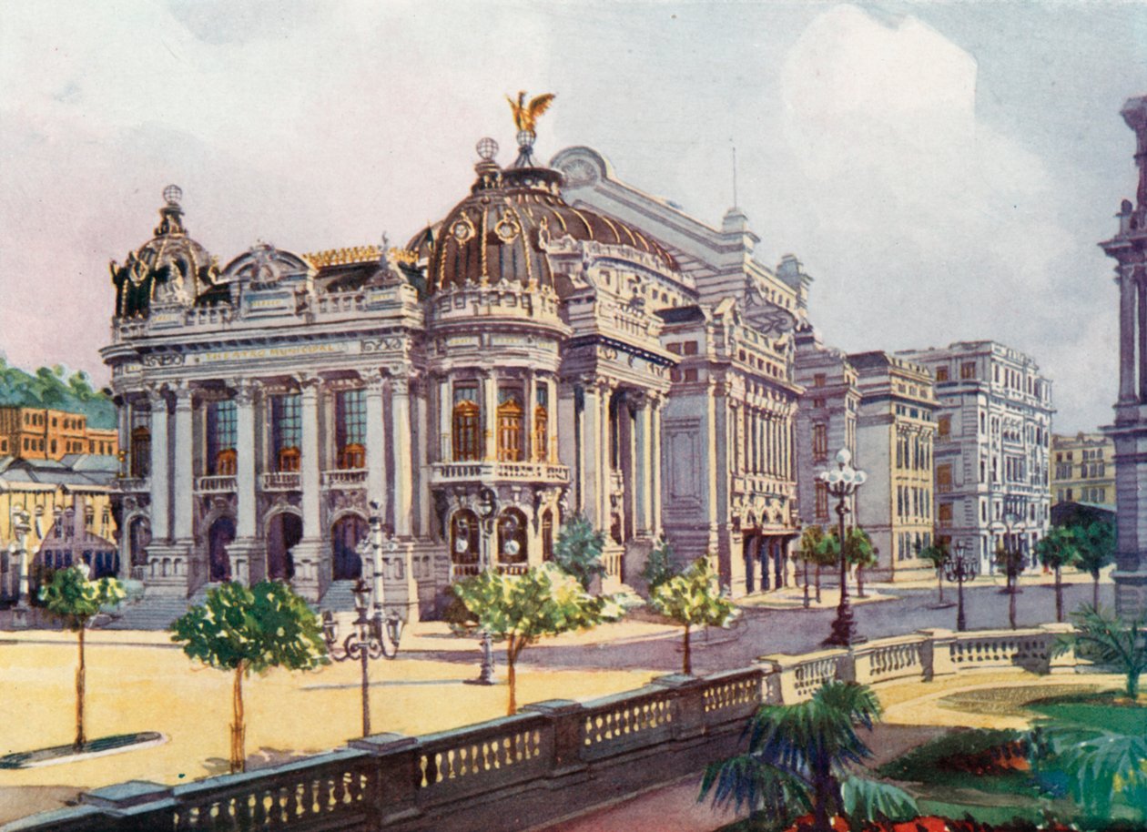 Teatro Municipale, Avenida Rio Branco (litografia a colori) da European School