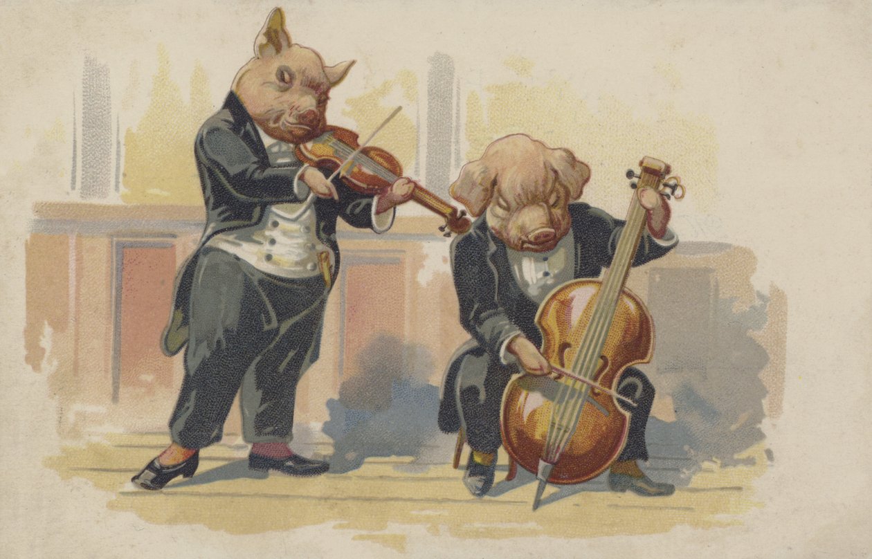 Due maiali che suonano strumenti musicali (litografia a colori) da European School