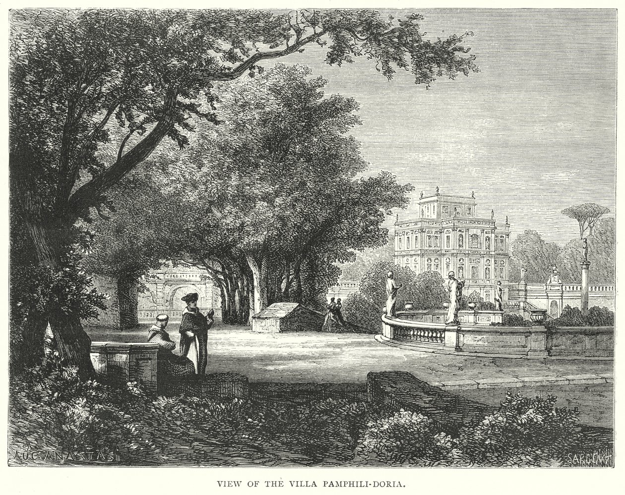 Veduta di Villa Pamphili-Doria (incisione) da European School