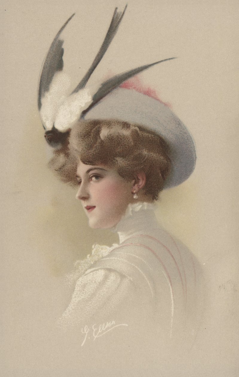 Donna con cappello e rondine impagliata (litografia a colori) da European School