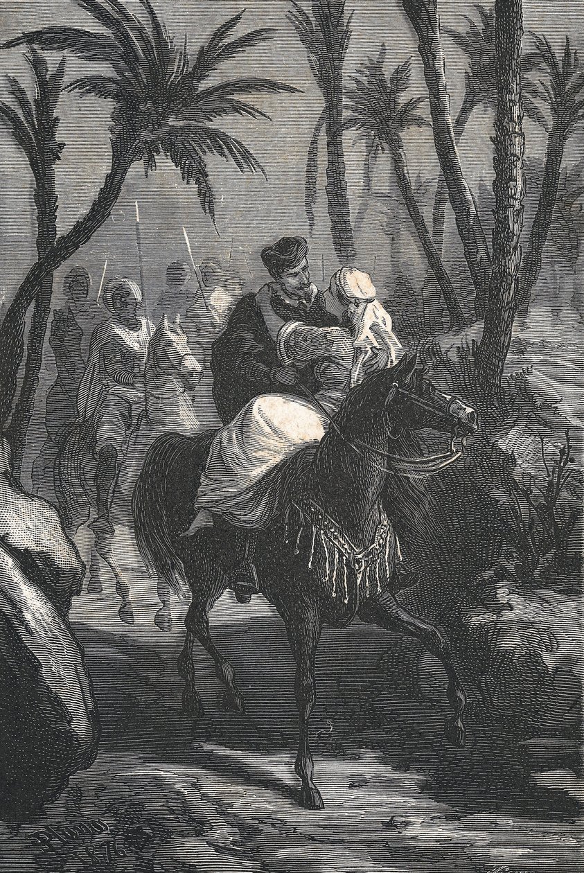 Cervantes cavalca un cavallo con una donna in un