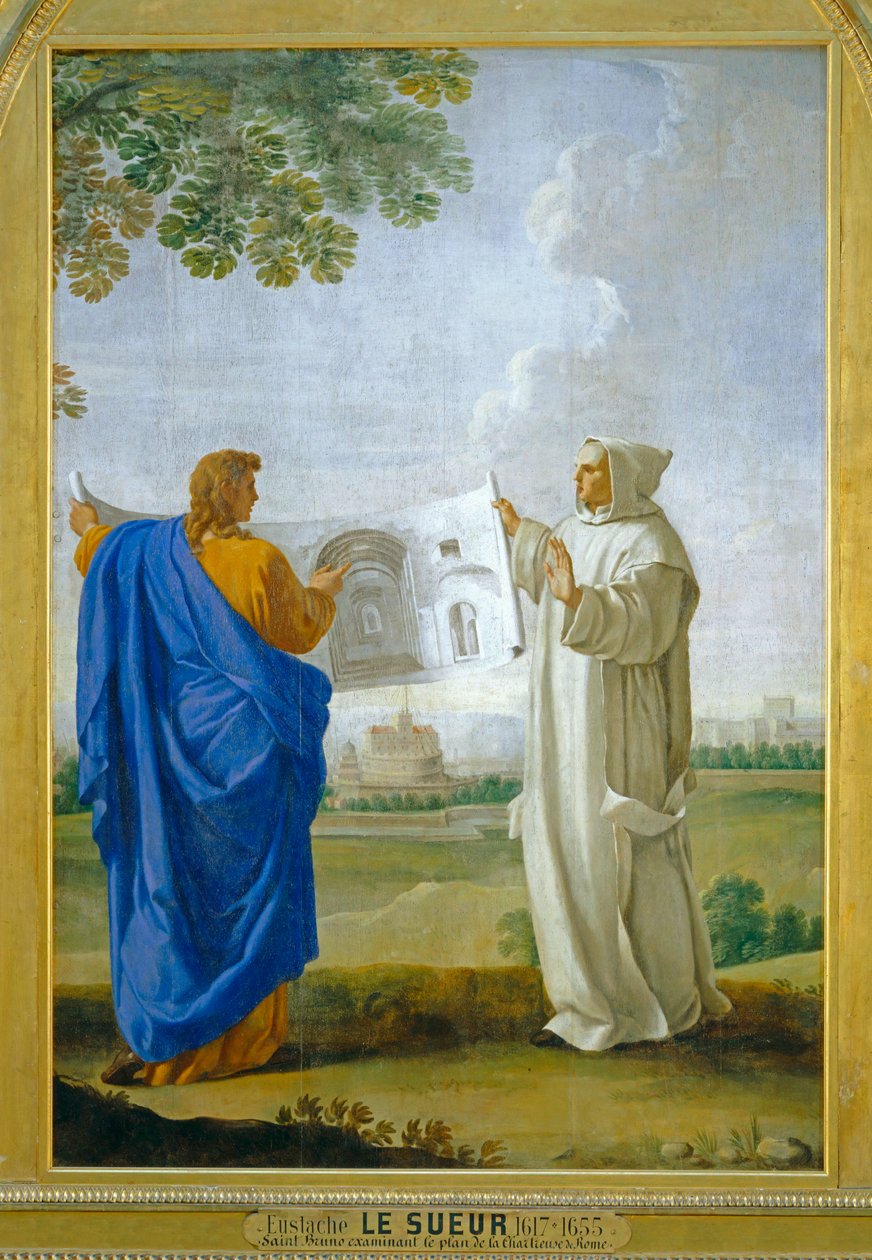 San Bruno che esamina un disegno delle terme di Diocleziano, futura sede della Certosa di Roma ... da Eustache (studio of) Le Sueur