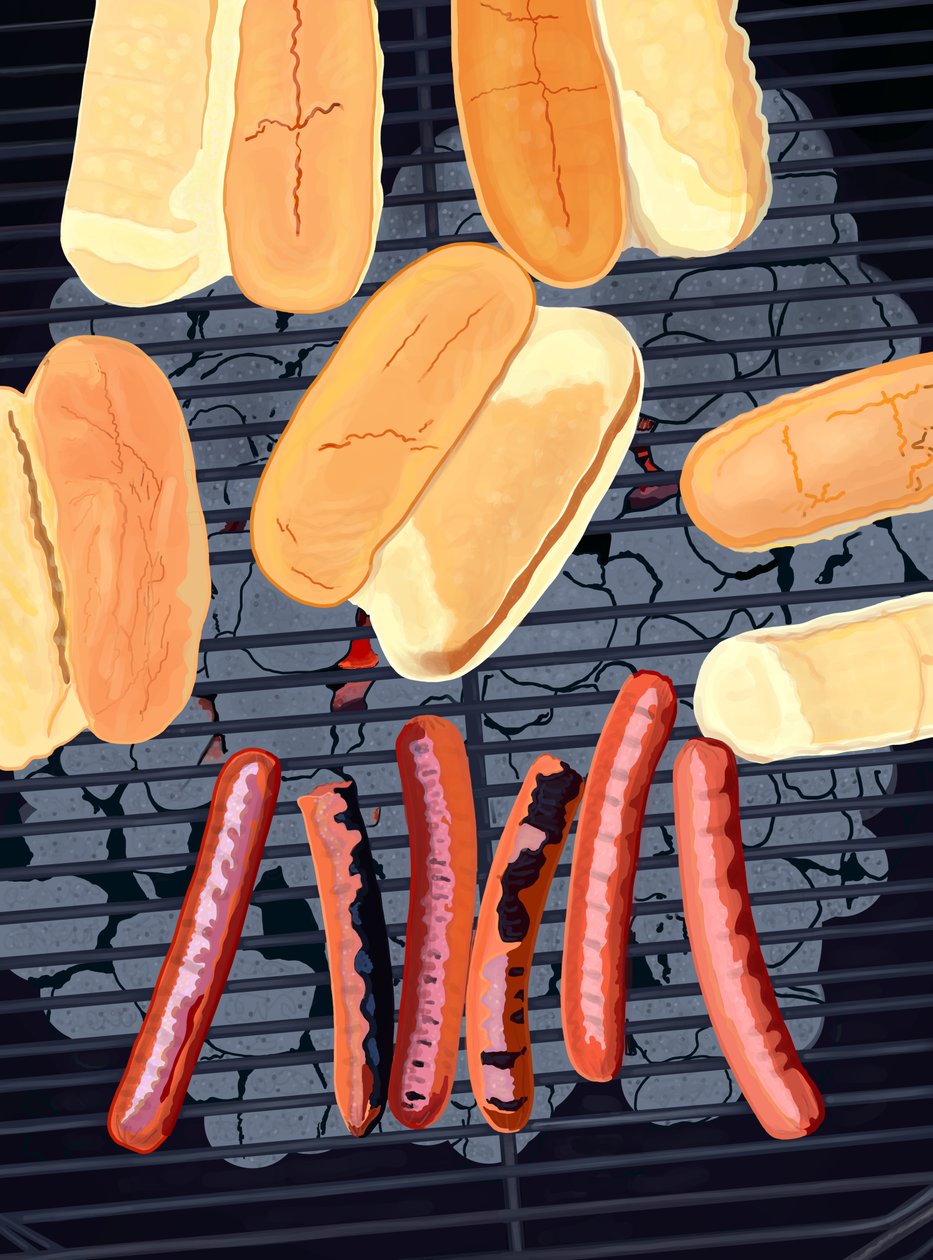6 hot dog sulla griglia, lato sud di Streef (arte digitale) da Evan Sklar