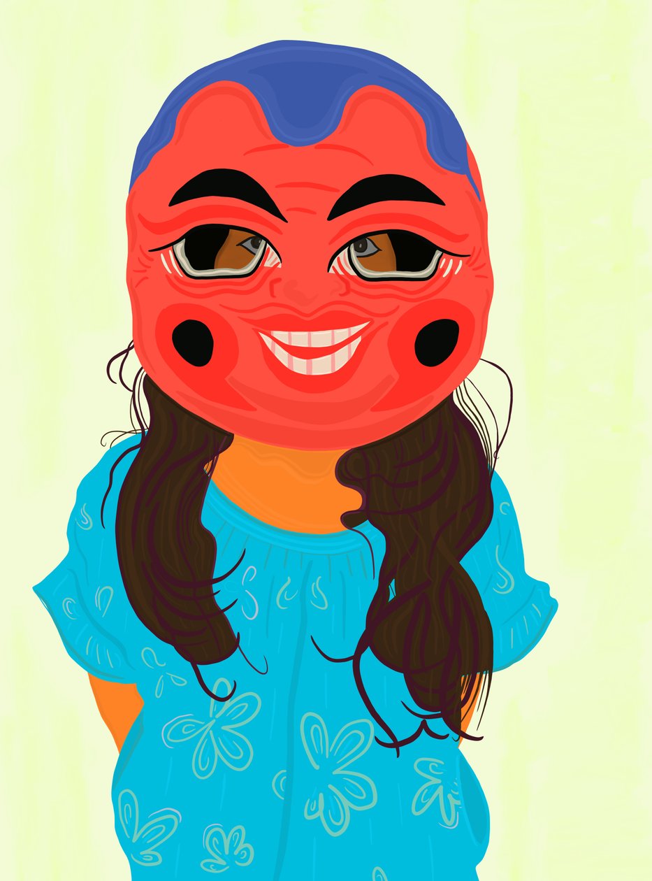 Ava con maschera vietnamita, 2020-24 circa (arte digitale) da Evan Sklar