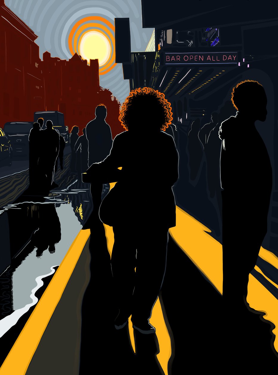 Figure retroilluminate e sole sul marciapiede di Manhattan (arte digitale) da Evan Sklar
