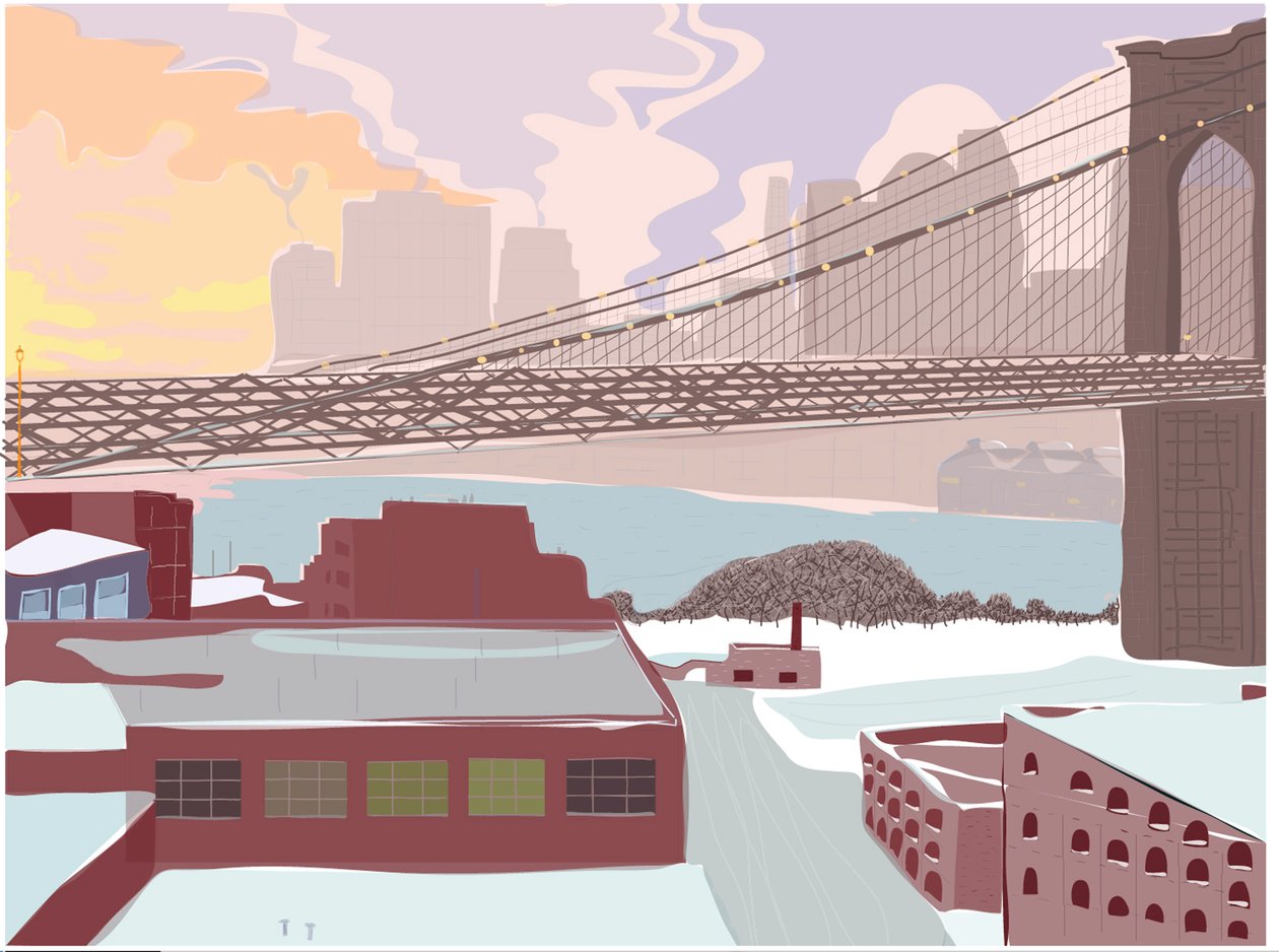 Ponte di Brooklyn, Clearing Storm, 2015 (disegnato a mano su iPad con una matita Apple) da Evan Sklar
