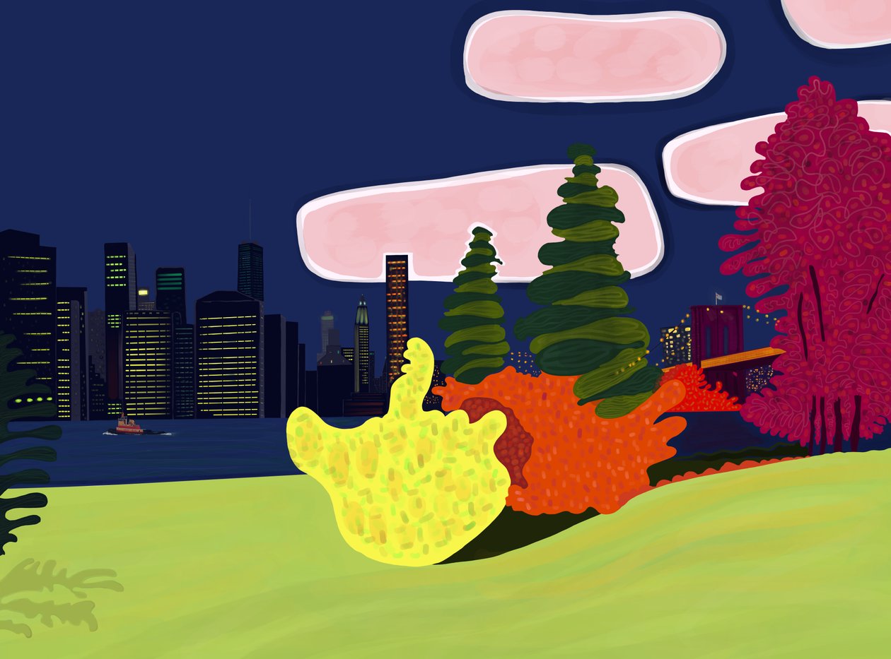 Parco del Ponte di Brooklyn e vista su Lower Manhattan (arte digitale) da Evan Sklar