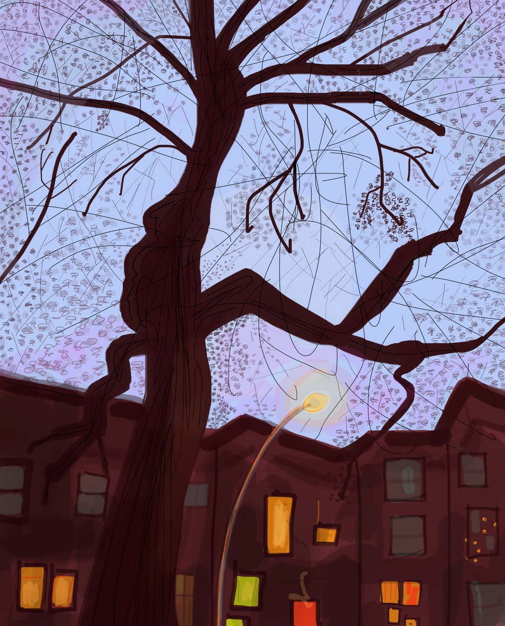 Brooklyn Brownstone Street At Dusk, 2016 (disegnato a mano su un iPad con una matita Apple) da Evan Sklar