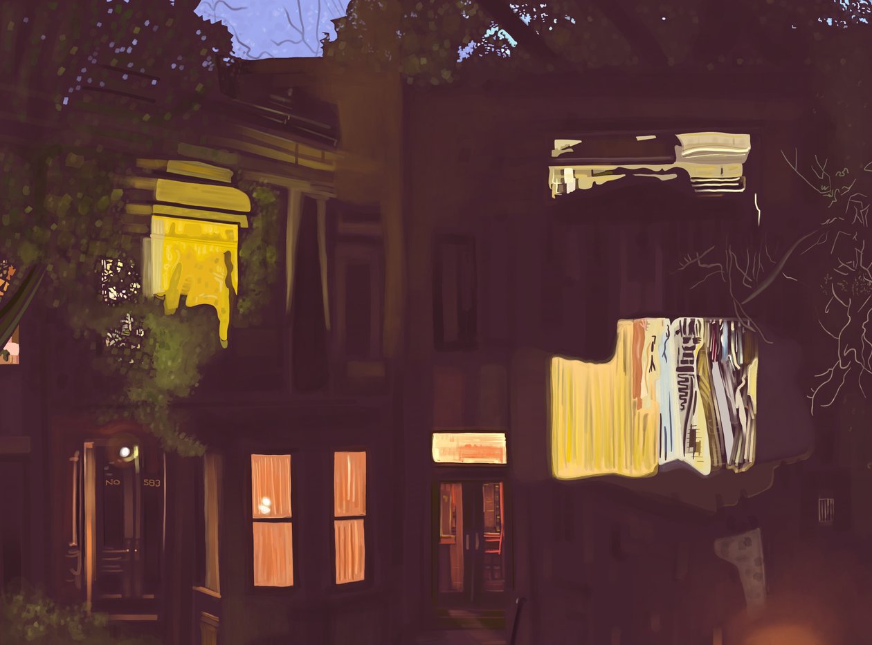 Brownstones di notte , c.2020-24 (arte digitale) da Evan Sklar
