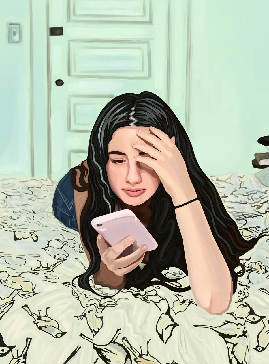 Ragazza sul letto che guarda lo smartphone (arte digitale) da Evan Sklar