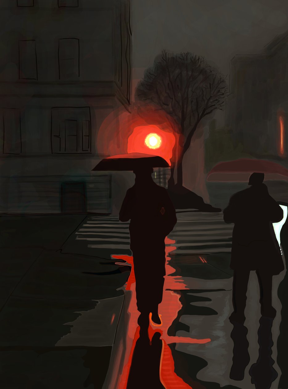 Uomo che cammina sotto la pioggia di notte (arte digitale) da Evan Sklar
